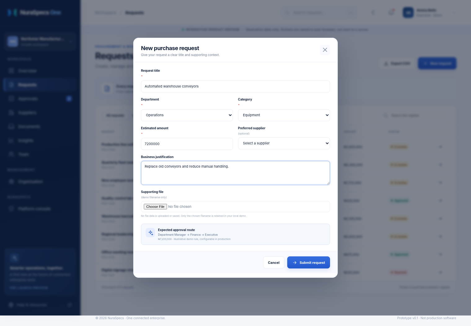 NuraSpecs One product form for creating a purchase request